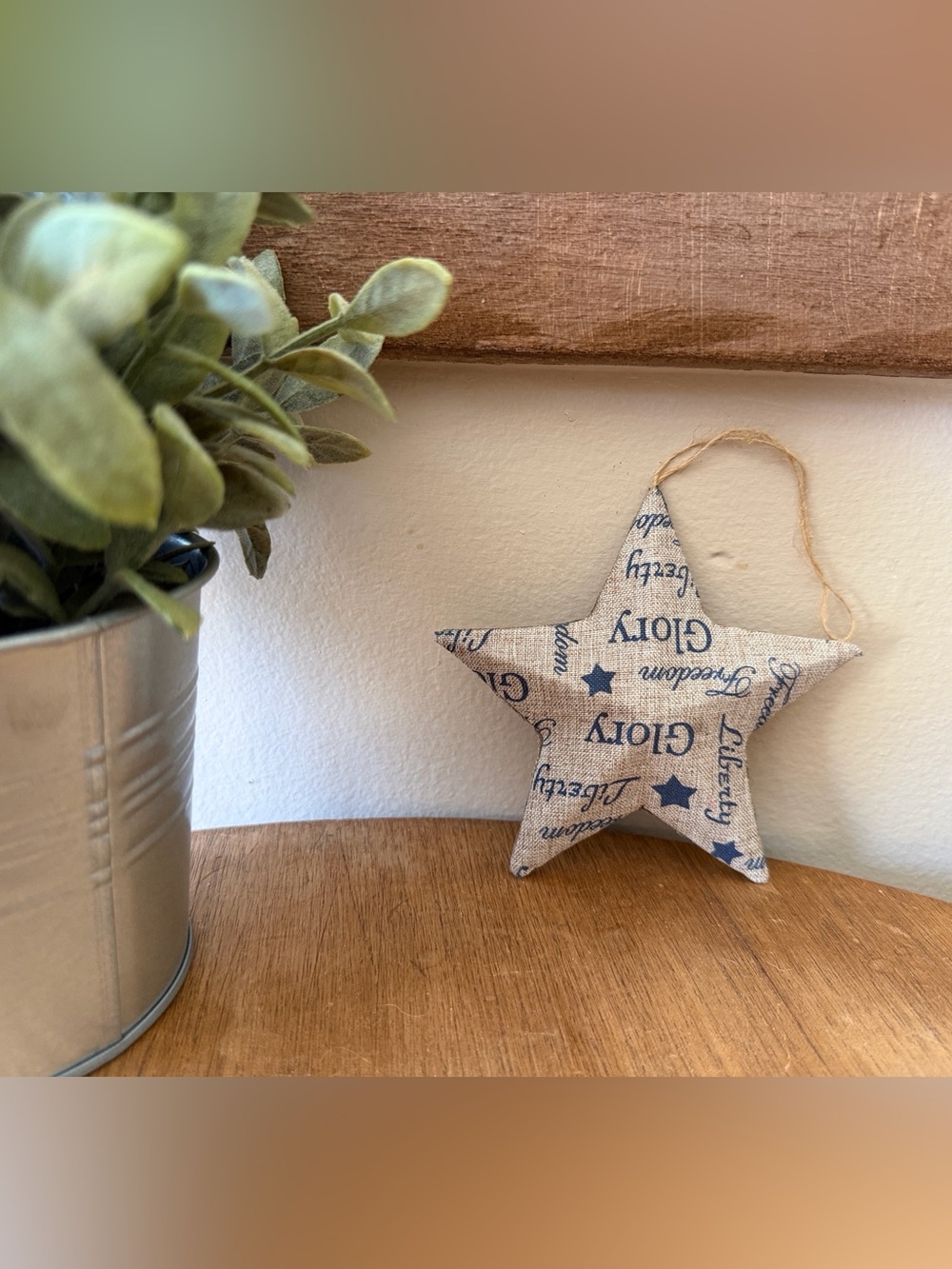 Patriotic Star Hanging Ornament - Blue on Natural